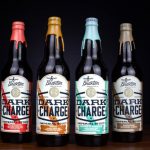 4 different style bottles of beer with a black background